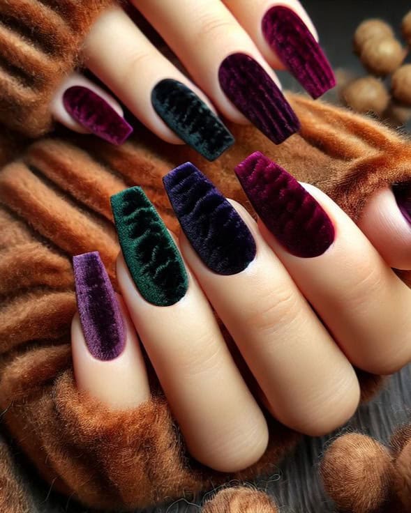 multicolored velvet-effect coffin nails in dark green purple and burgundy fall colors