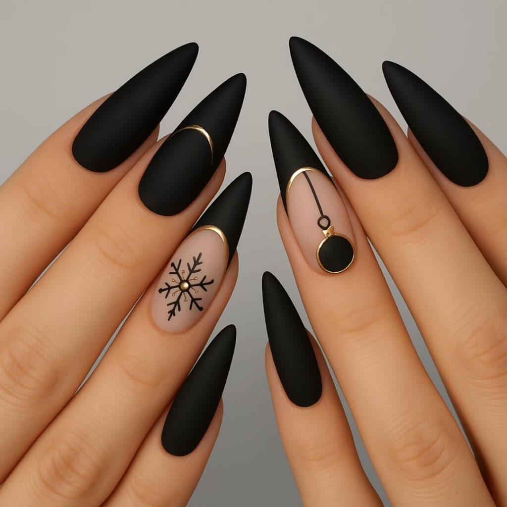 matte black stiletto nails with gold accents and snowflake design