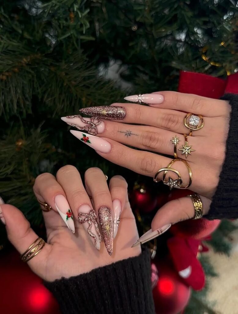 long nude stiletto nails with pearl cluster 3d embellishments