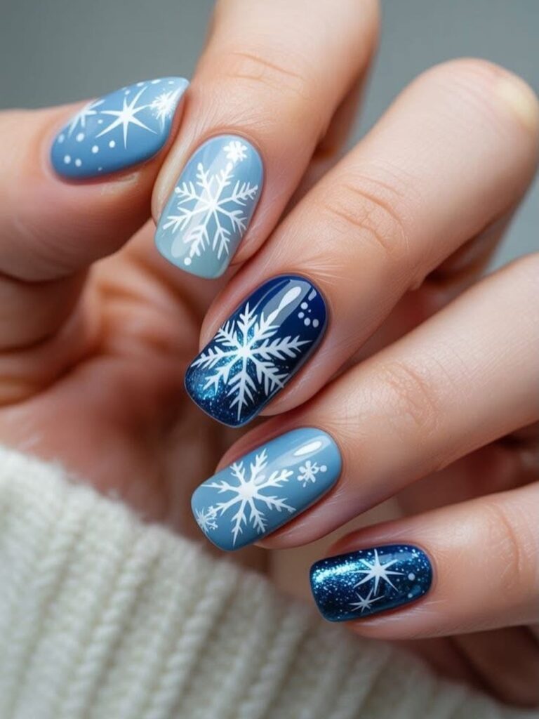 blue and dark blue nails with white snowflake art and glitter