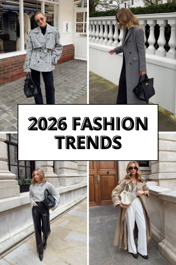 collage of minimalist neutral winter outfits and coats for 2026 fashion trends
