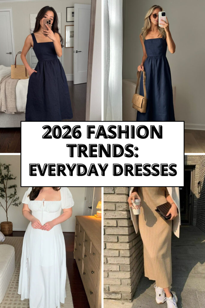 collage of women wearing navy white and tan everyday dresses for 2026 fashion trends