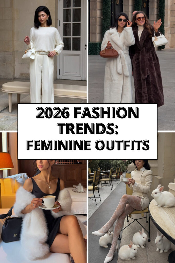 feminine 2026 fashion trends featuring elegant white coats, knitwear, and luxury textures