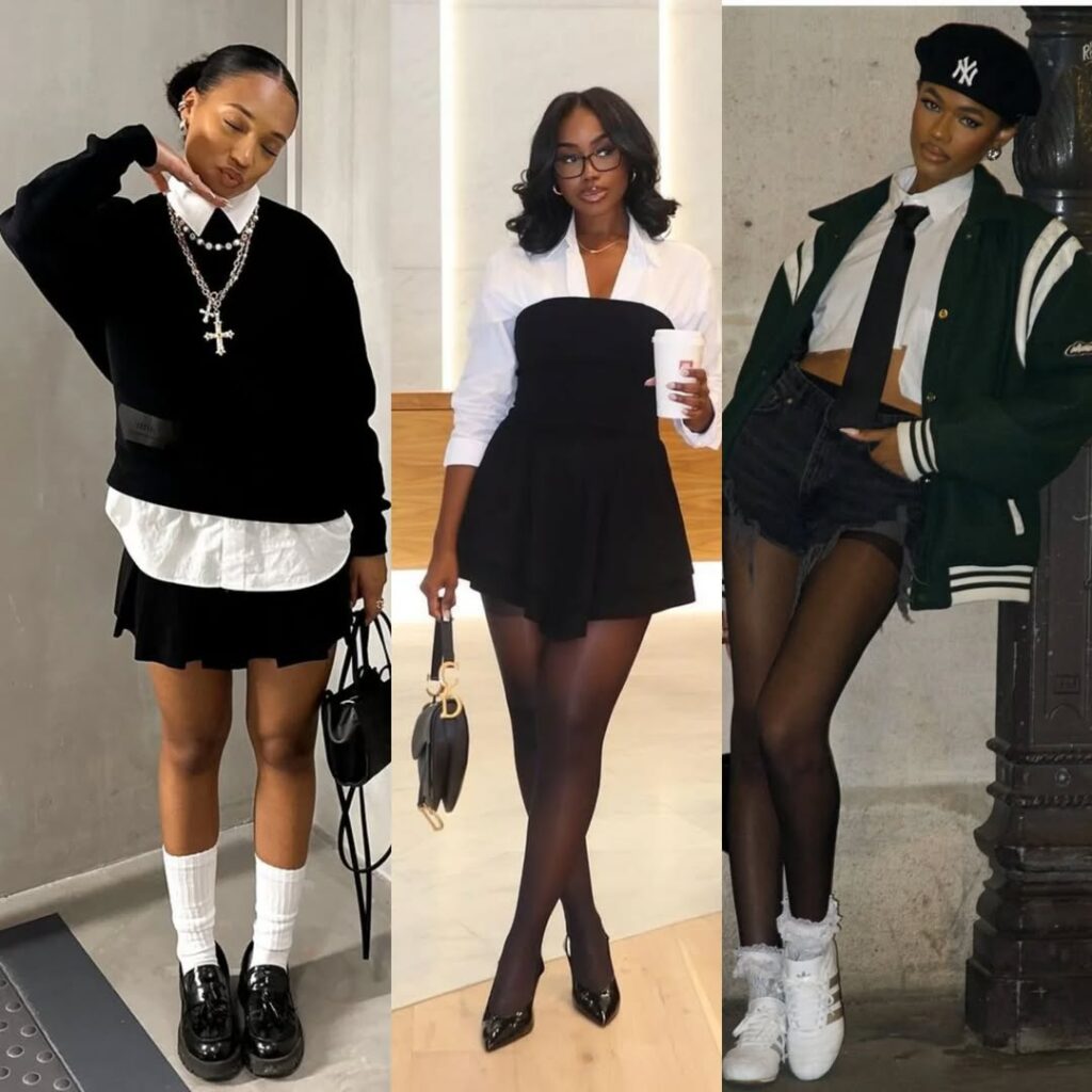 women wearing layered black and white e-girl style outfits with skirts and varsity jackets