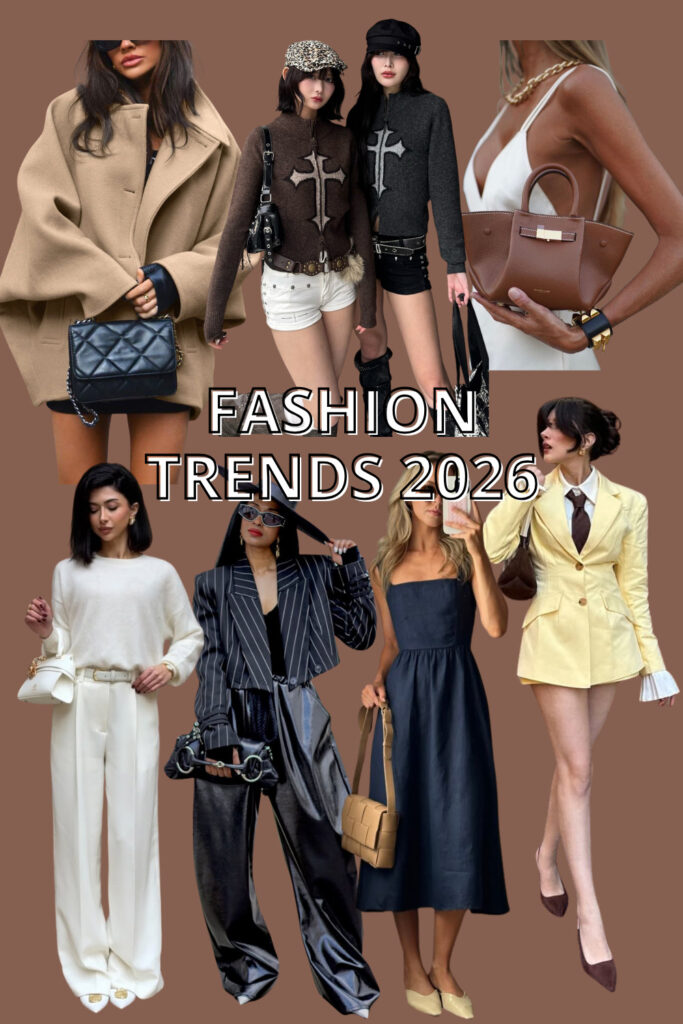 collage of women wearing diverse 2026 fashion trends including oversized coats, pinstripe blazers, and monochromatic sets