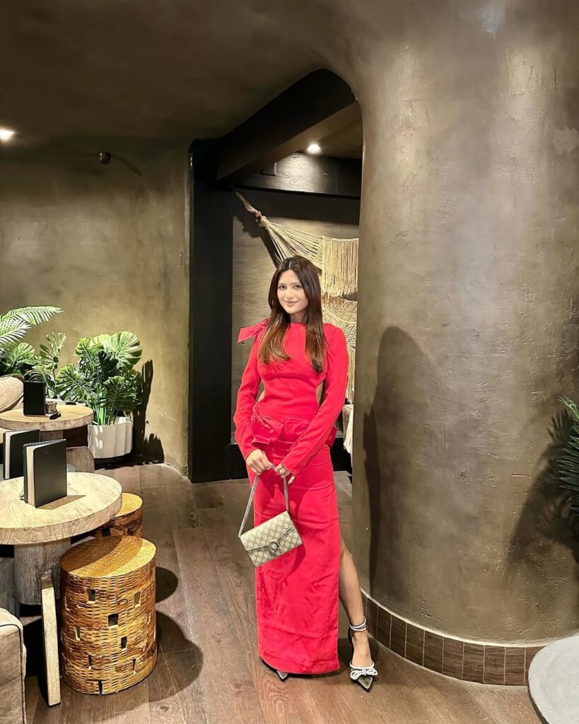 woman in a long-sleeve red maxi dress with cutouts holding a small patterned handbag.