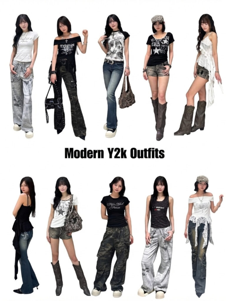 grid of modern y2k outfits with graphic tees, baggy cargo pants, and tall boots