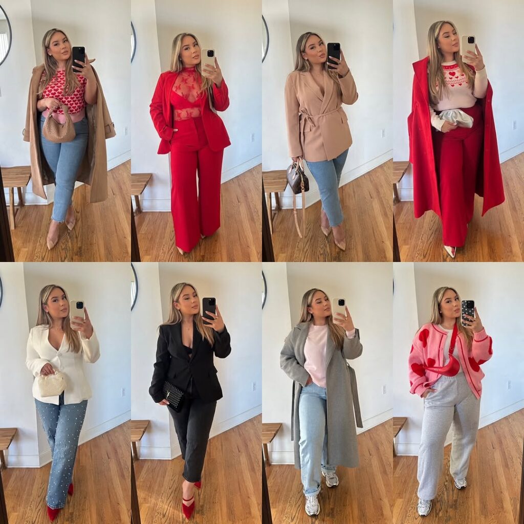 collage of eight mirror selfies showing various valentine's day outfit ideas in red, pink, and neutral tones.
