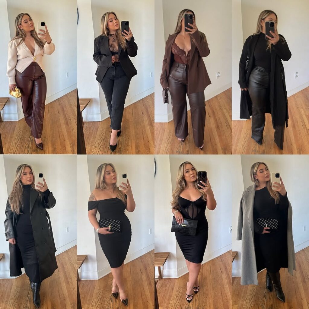 collage of eight mirror selfies showing various valentine's day outfit ideas in black, brown, and neutral tones.