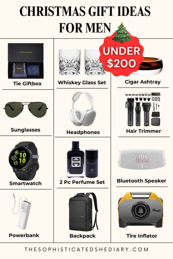 Christmas gift ideas for men under $200 displayed in a clean grid layout showing a tie giftbox, whiskey glass set, cigar ashtray, sunglasses, wireless headphones, hair trimmer kit, smartwatch, two-piece men’s perfume set, Bluetooth speaker, portable powerbank, sleek backpack, and a tire inflator.