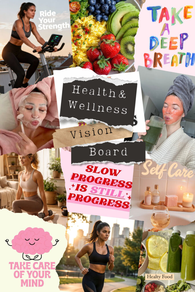 health and wellness vision board featuring fitness, healthy meals, self-care rituals, and positive lifestyle affirmations