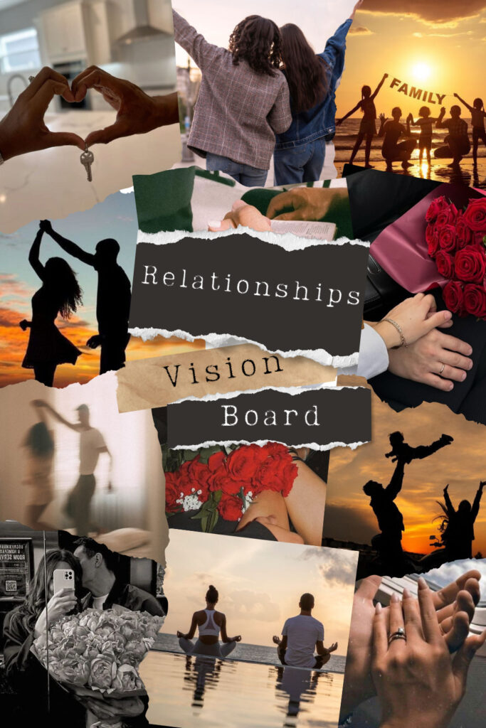 relationship vision board featuring couples dancing, family silhouettes, red roses, and hands with rings.