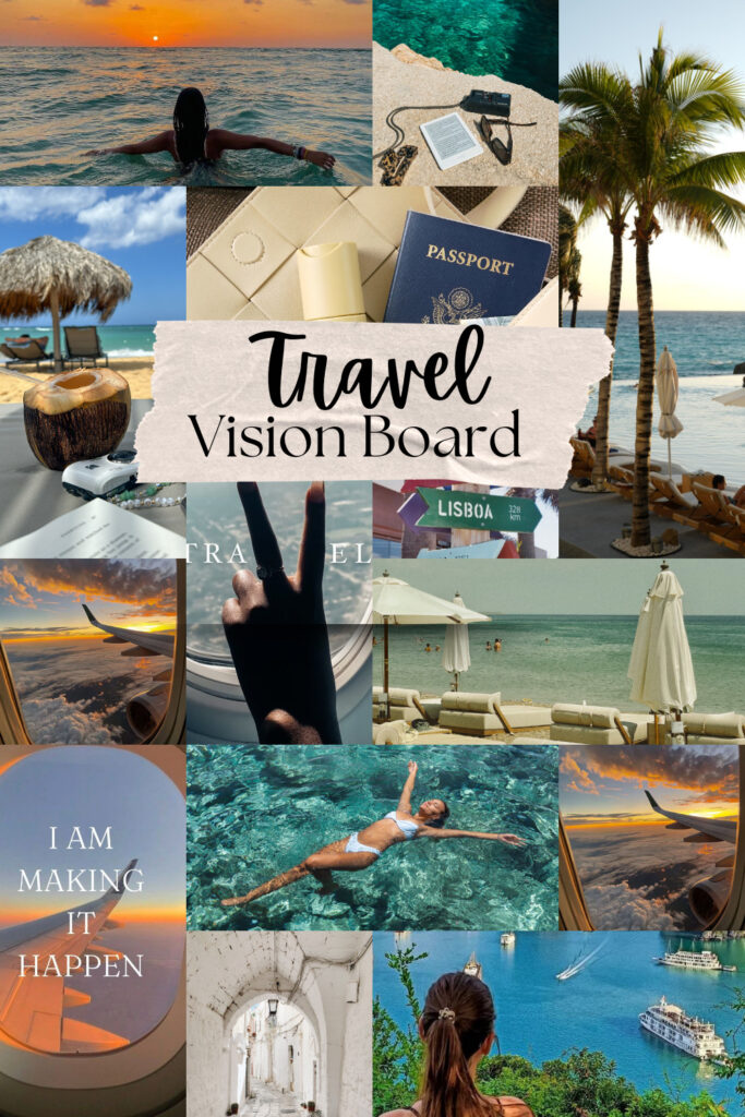 travel vision board collage featuring tropical beaches, airplane window views, and a passport