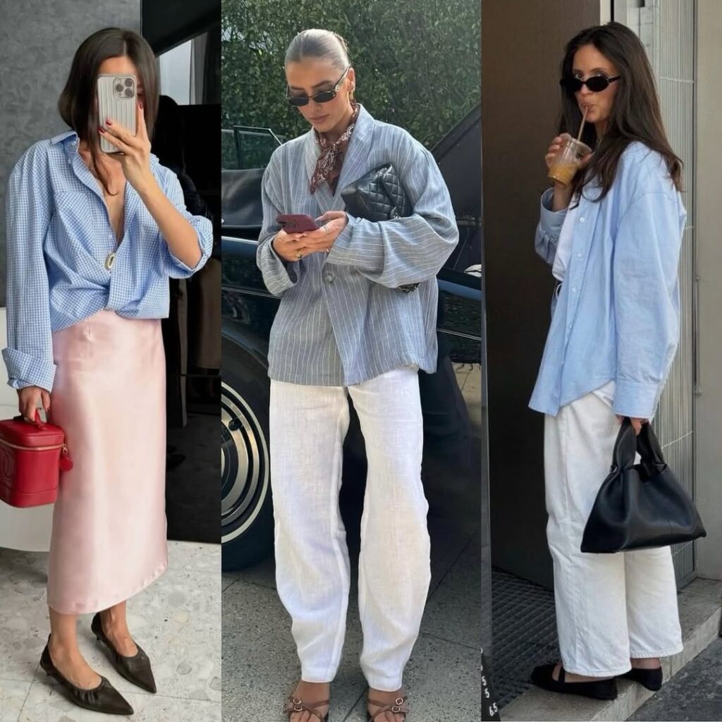 three women wearing light blue shirts paired with white and pink bottoms in various spring styles