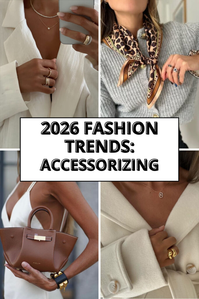 four closeups of 2026 fashion trends featuring leopard scarves gold rings and leather handbags