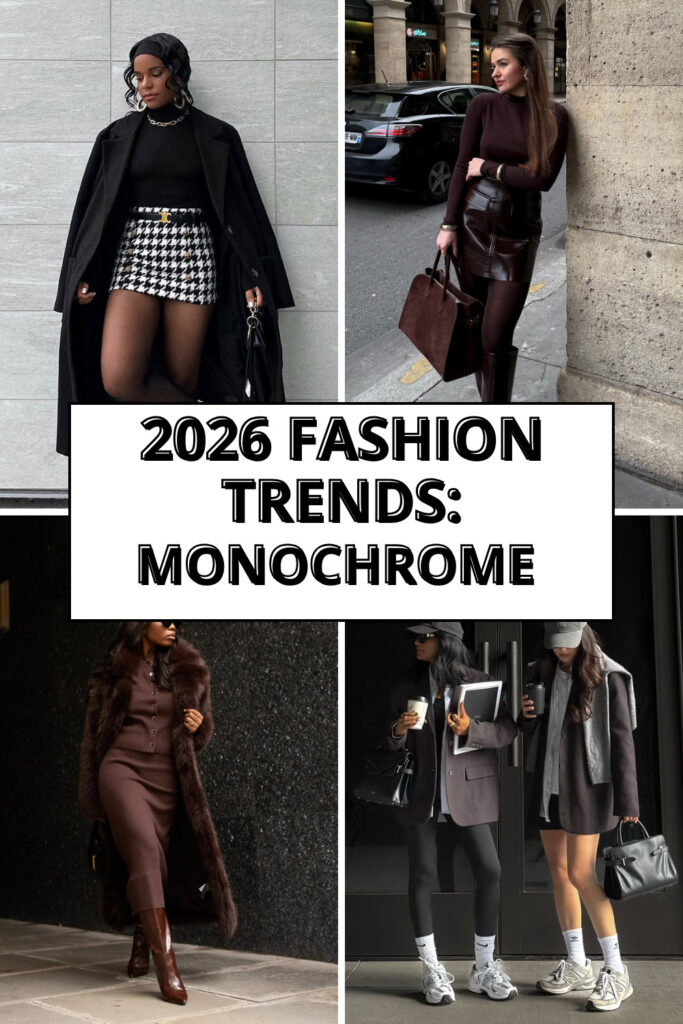 four women demonstrating monochrome 2026 fashion trends in black and deep brown textured outfits