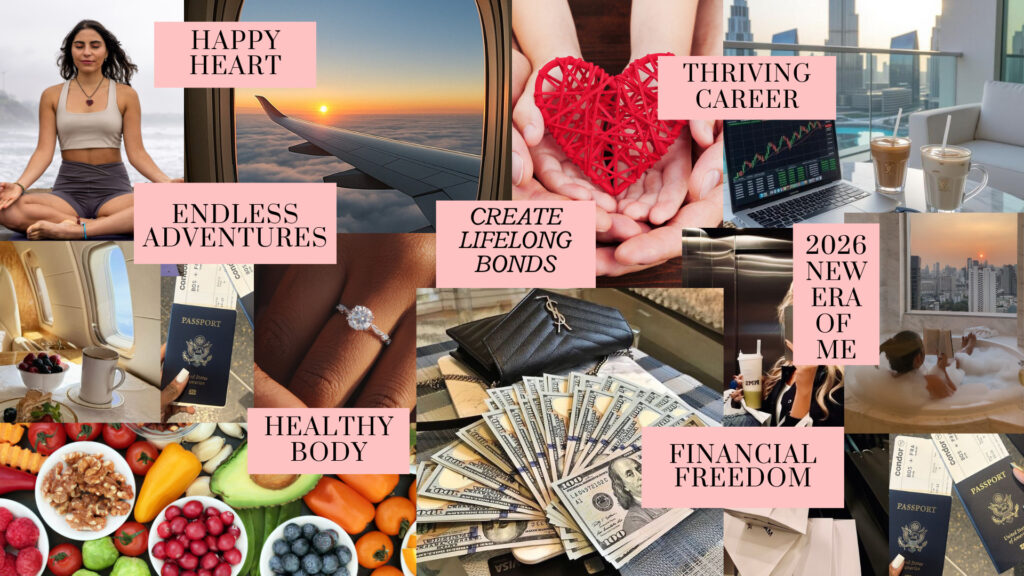 2026 vision board guide collage featuring travel, wellness, career growth, and financial freedom goals.