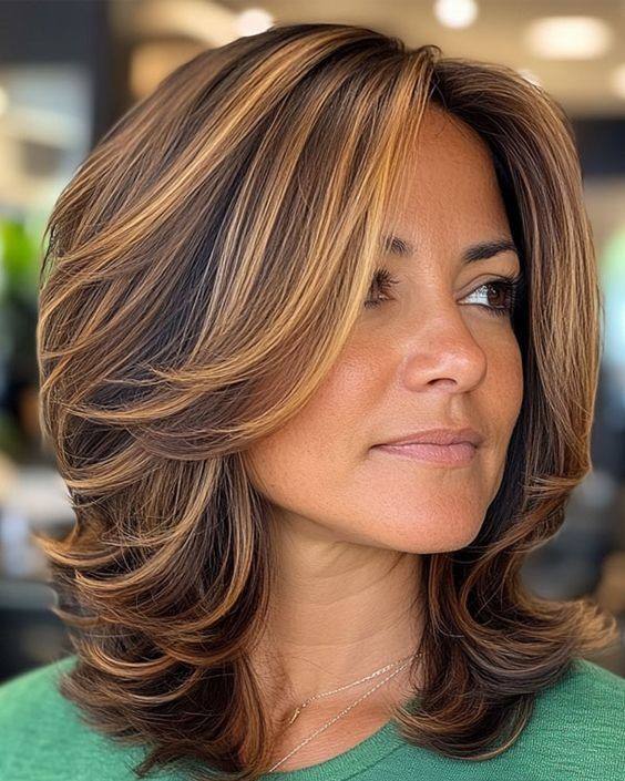 Woman with layered hairstyle featuring highlights, styled with soft waves and a natural look.