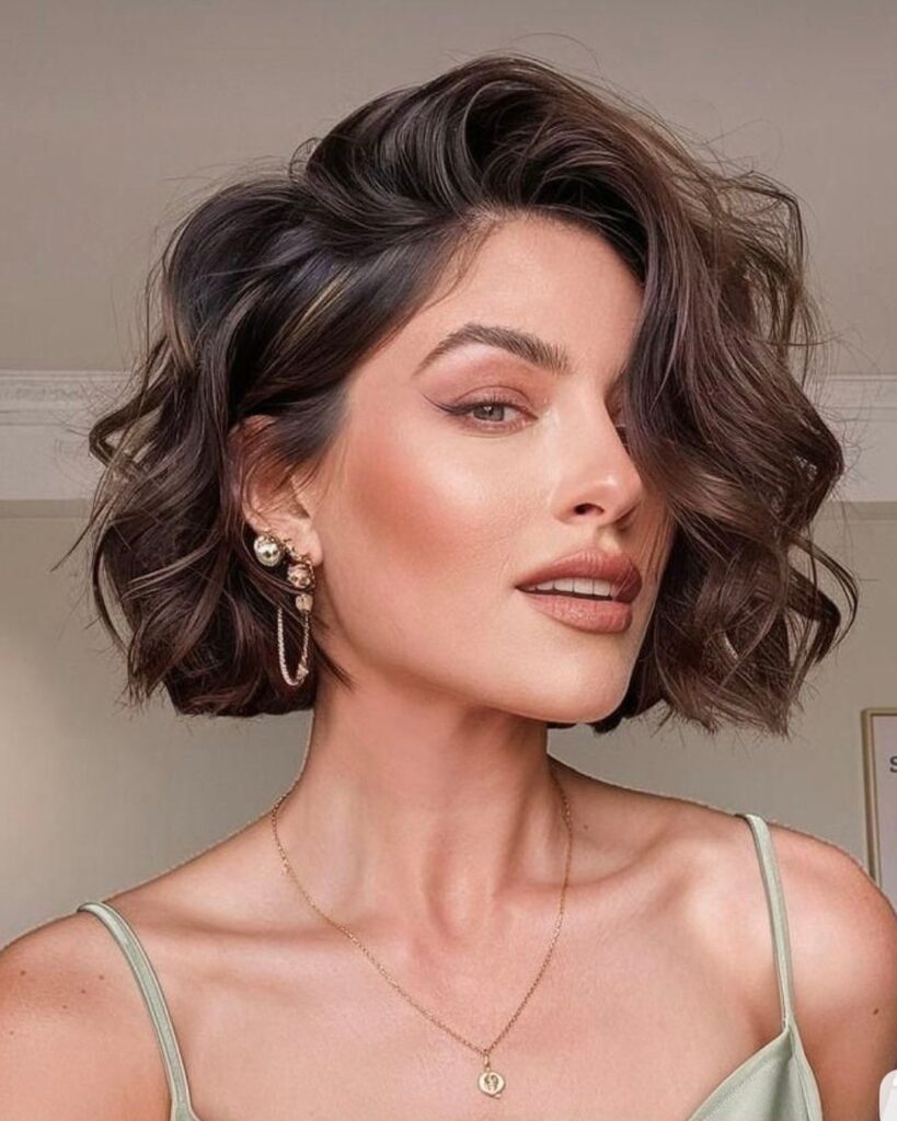 Woman with wavy shoulder-length hair styled in soft curls, wearing earrings and a delicate necklace, posing with a neutral makeup look.