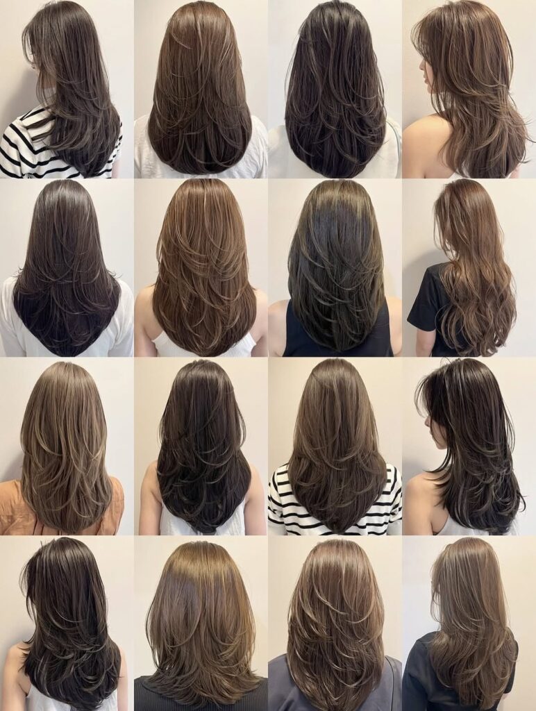 Collage of 16 hairstyles showcasing various lengths and colors, featuring layered cuts and natural waves.
