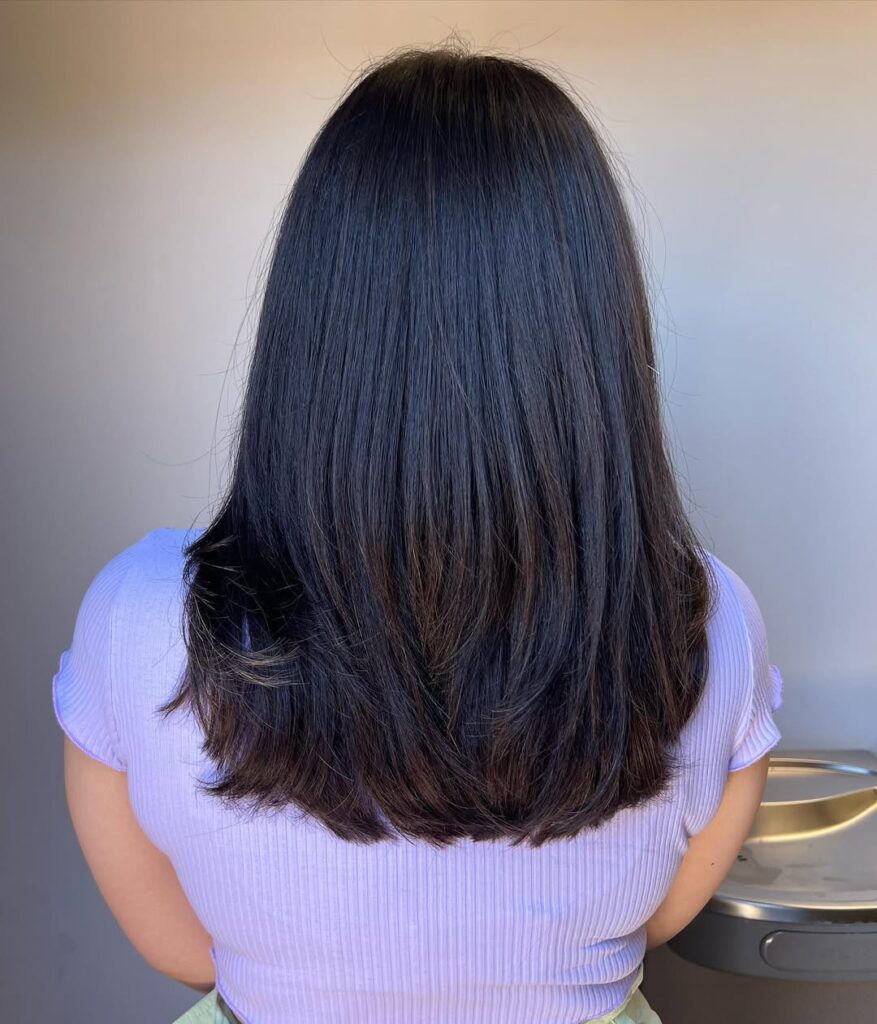 Long, straight hair with a smooth texture, viewed from the back, styled with a natural look and subtle layers.