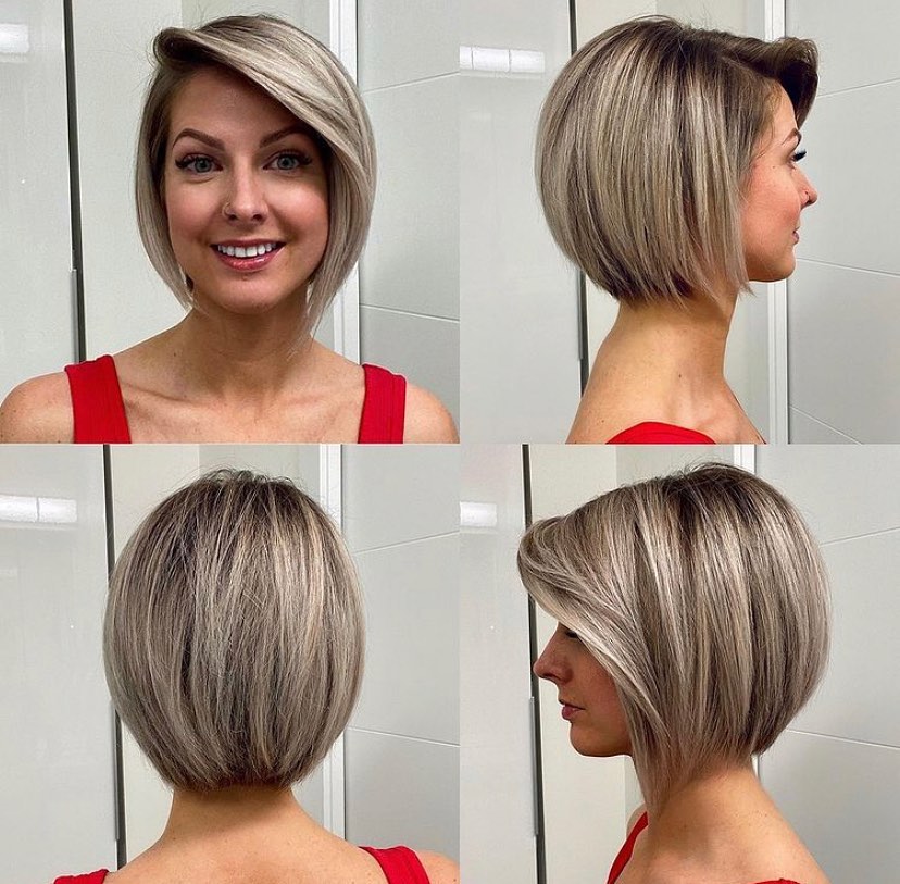 A woman with a stylish bob haircut, showcasing different angles of her hair in a light blonde color with darker roots.