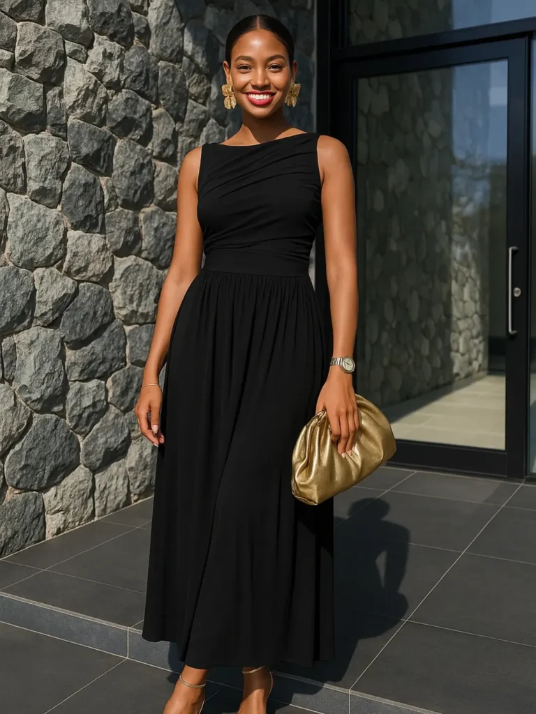 Woman wearing a black sleeveless dress with a fitted bodice and flowing skirt, holding a gold clutch and wearing gold earrings.