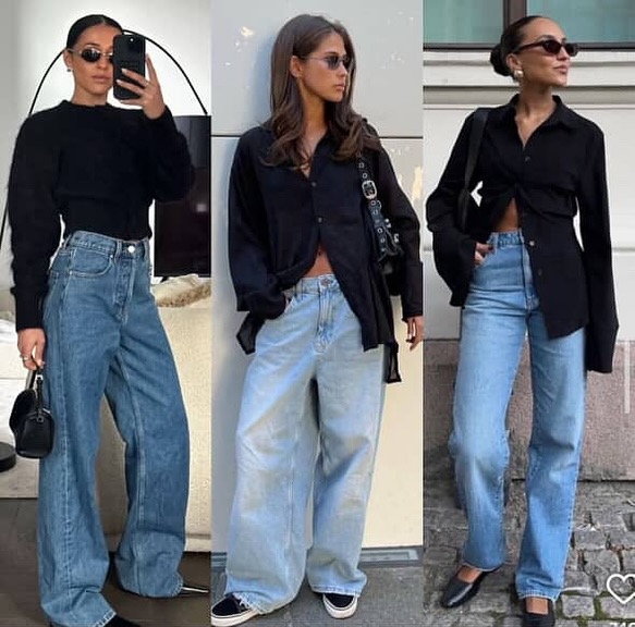 three women wearing black tops and blue jeans in various casual street style outfits