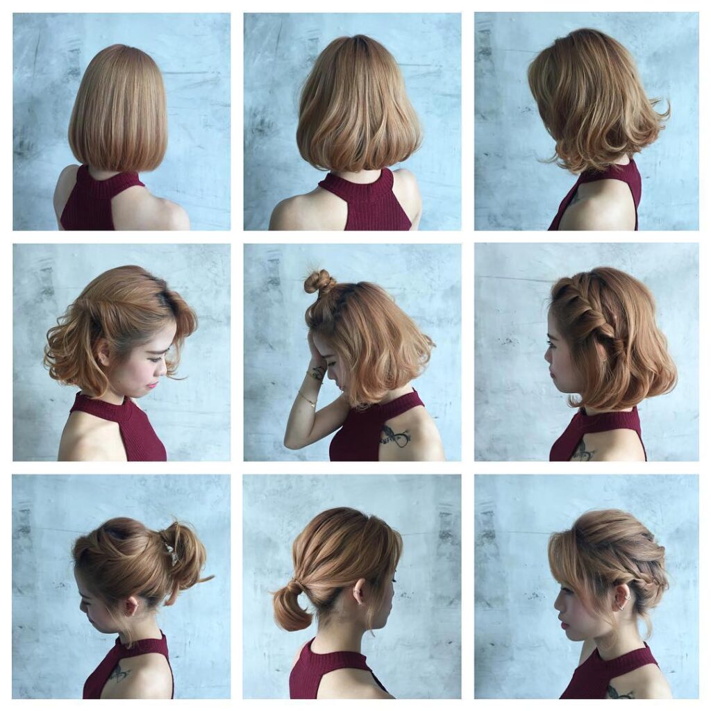 Collage of various hairstyles on a model with light brown hair, showcasing a bob cut, curls, and updos from different angles.