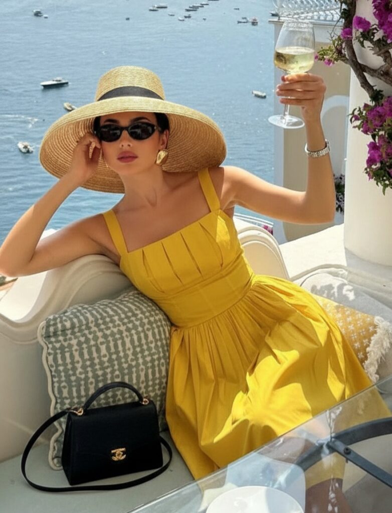 Woman wearing a yellow dress and wide-brimmed hat, holding a glass of wine while seated outdoors.