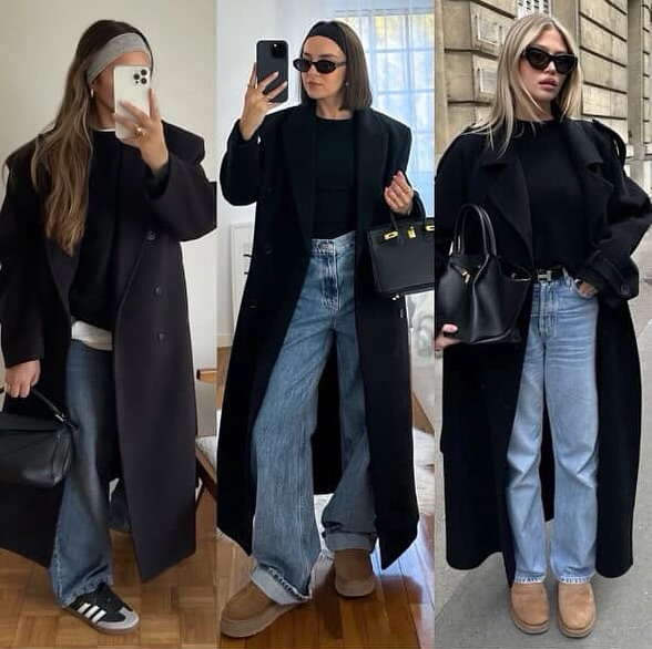 three women wearing long black coats, blue jeans, and neutral winter shoes in a collage for spring outfits inspo