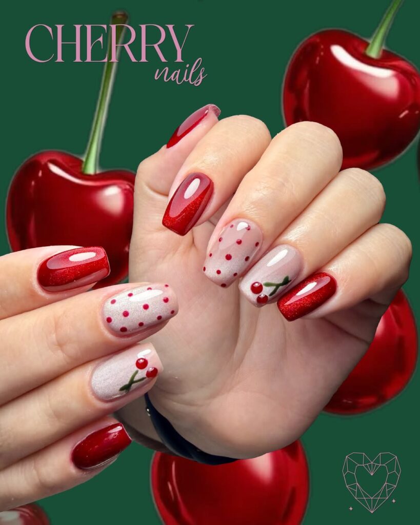 long square red glitter nails with cherry art and red polka dot accents
