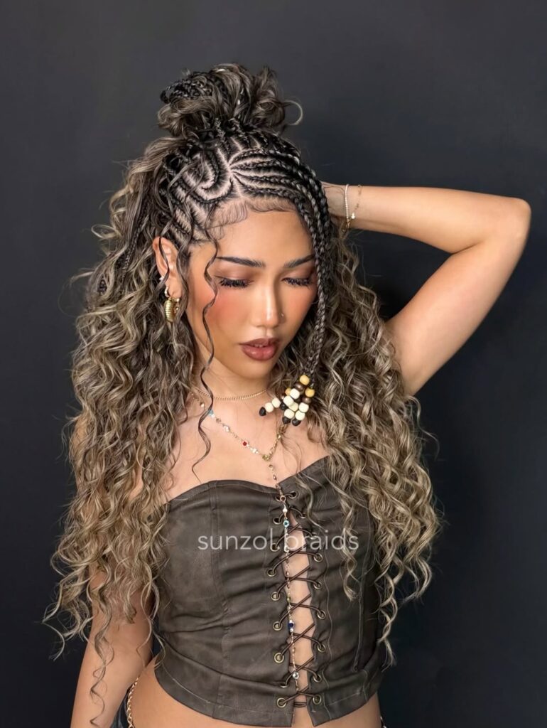woman with fulani braids and wooden beads mixed with long honey blonde curls