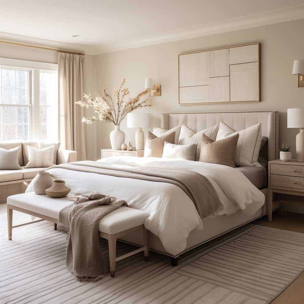 bright neutral bedroom featuring a plush bed, layered pillows, and a large white floral vase.