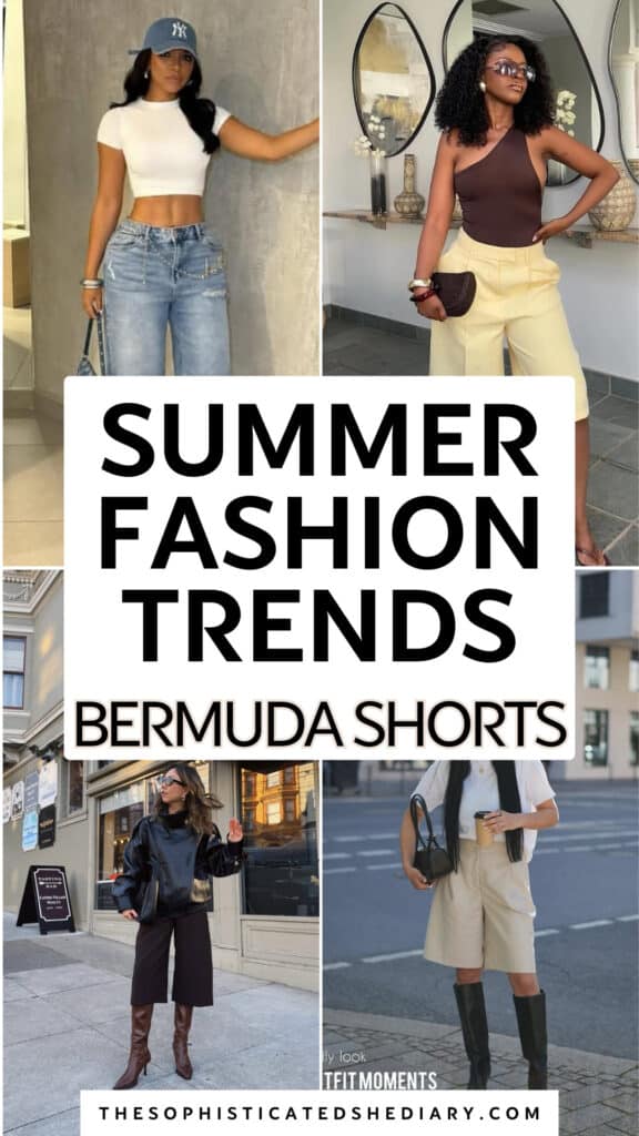 collage of four women styling different bermuda shorts for modern summer fashion trends