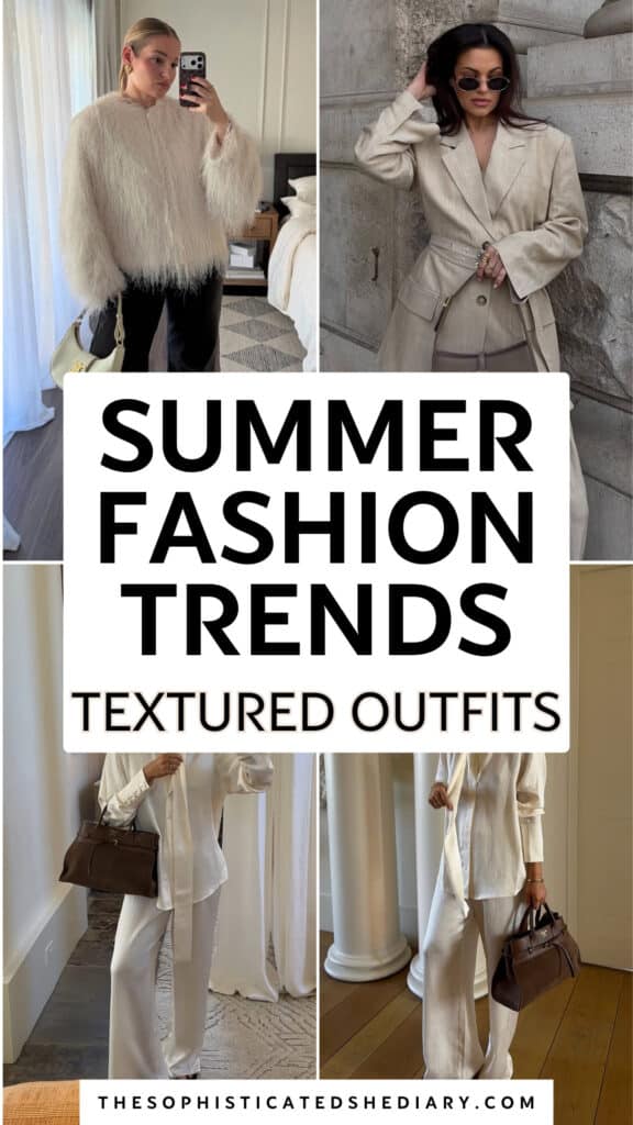 collage of women featuring textured outfits including a fuzzy jacket and crinkled linen sets.