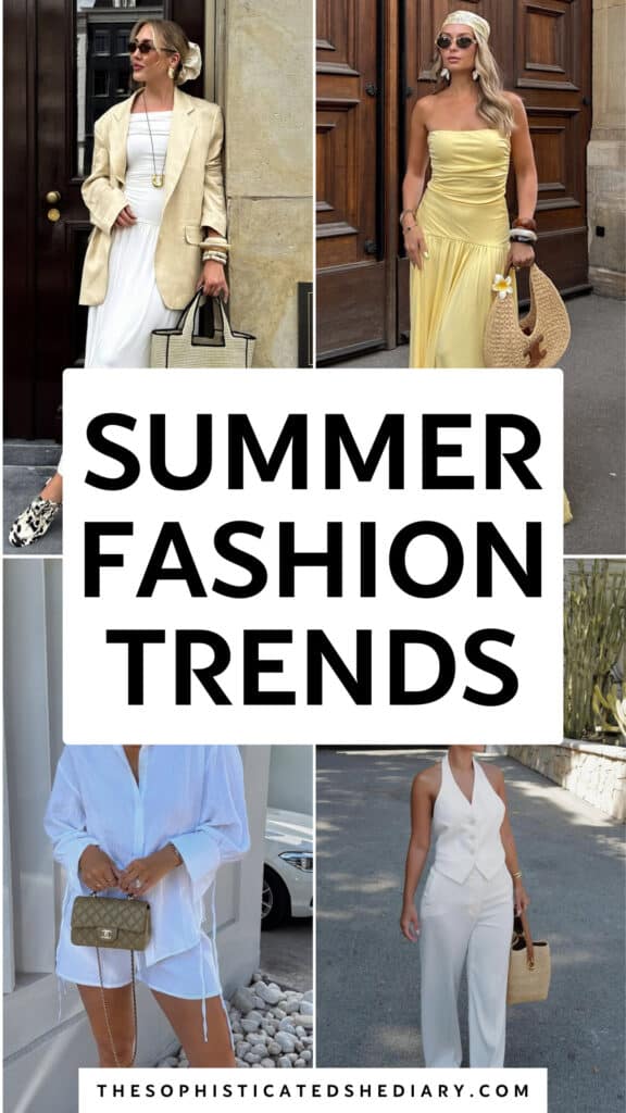 collage of women wearing trendy summer outfits including vests, maxi dresses, and linen sets.