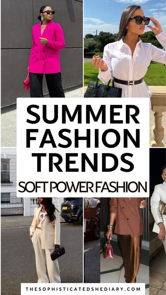 collage of four women wearing sophisticated summer fashion trends in neutral and bright colors