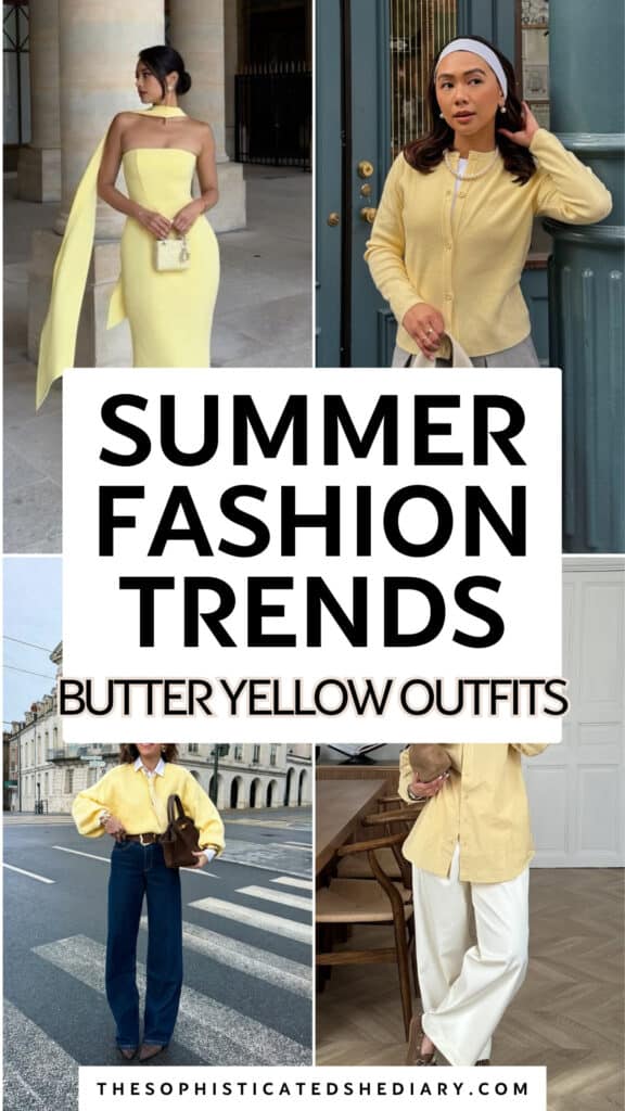 collage of four women wearing various butter yellow outfits for elegant summer fashion trends