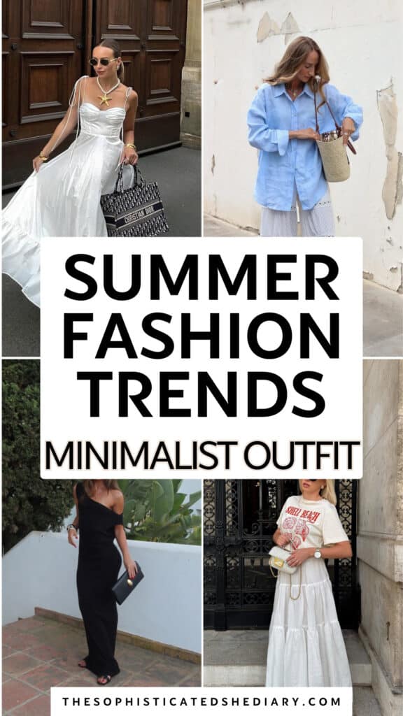 collage of four women wearing minimalist outfit ideas including summer dresses and casual separates