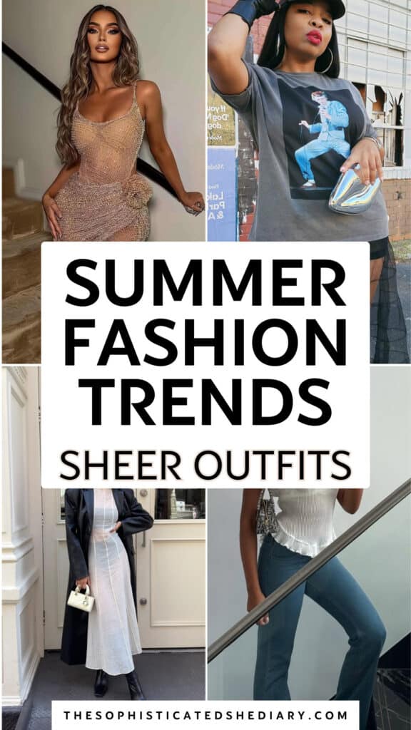 collage of women wearing sheer outfits including a beaded dress and layered mesh skirts.