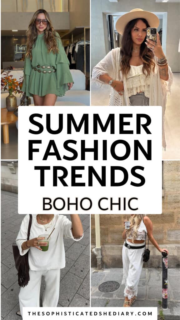 collage of four women wearing boho chic summer fashion trends with flowing fabrics and accessories