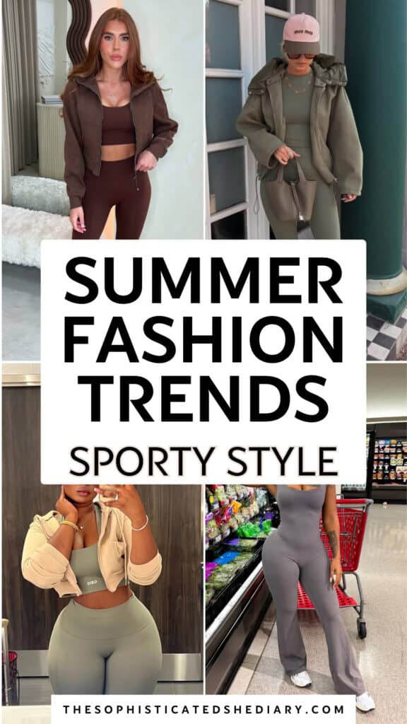 collage of four women wearing sporty style summer fashion trends in athletic sets and jackets