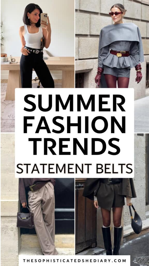 collage of women wearing statement belts over trousers, shorts, and blazers for summer.
