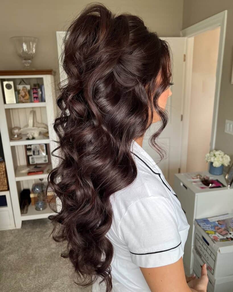 voluminous long dark brown wavy hair styled in a half-up ponytail
