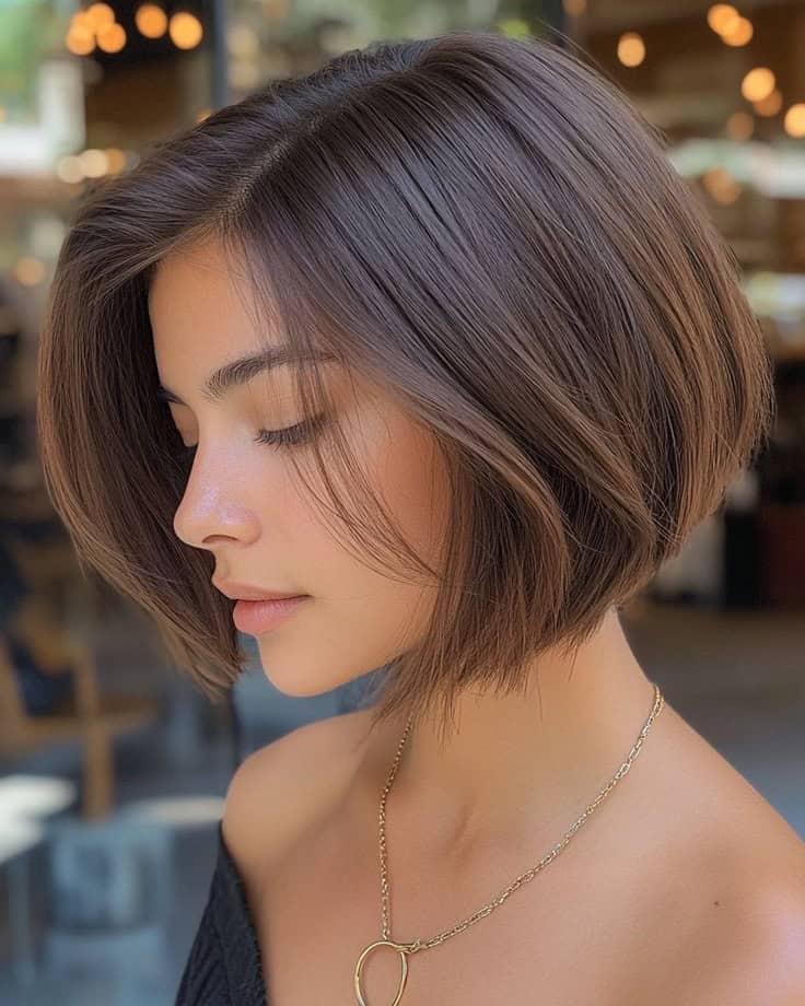 side profile of a woman with a sleek chin length brown bob