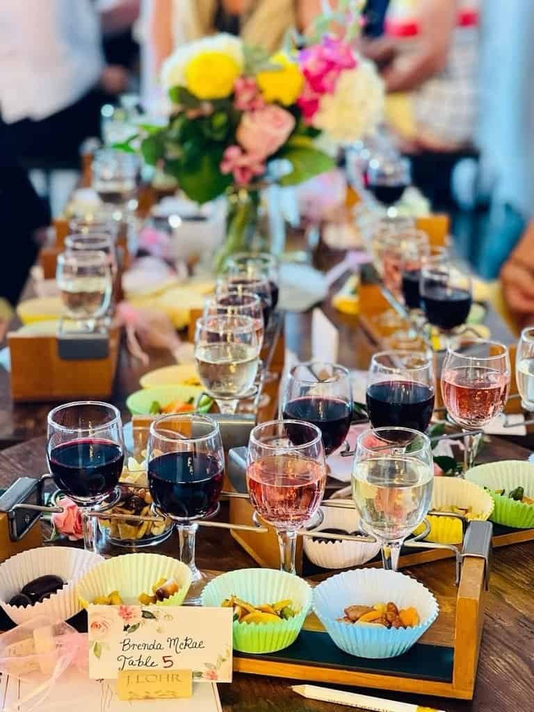 wine tasting flight setup for a bridal shower at a vineyard.