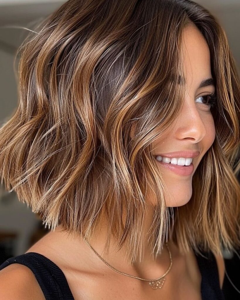 woman smiling with a textured bronde balayage bob and blonde highlights