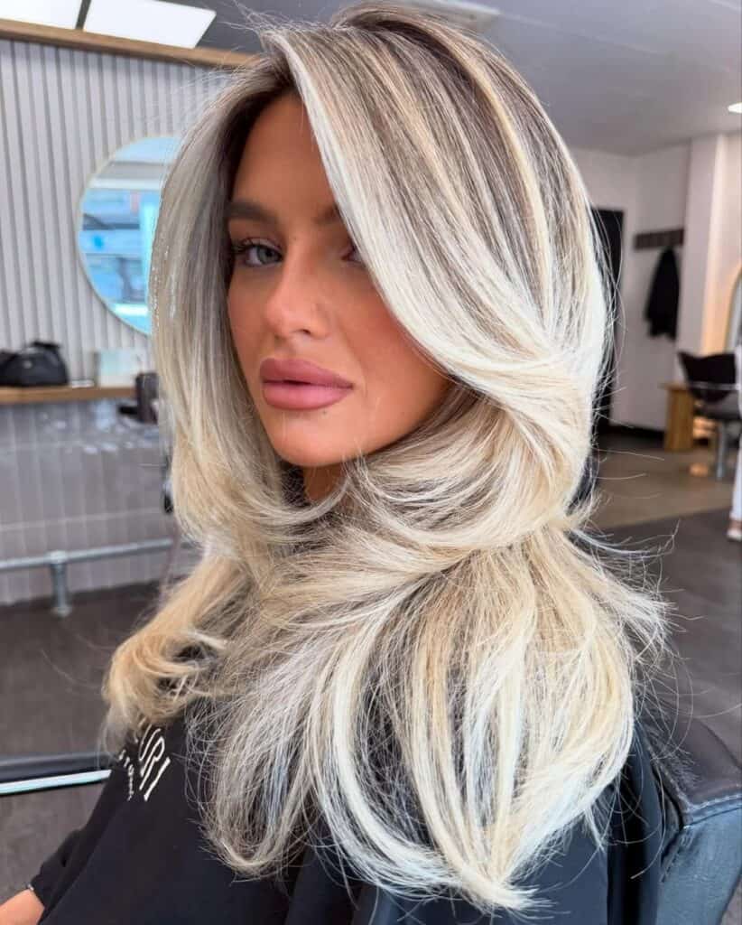 woman with long voluminous blonde hair and dark roots in a salon setting