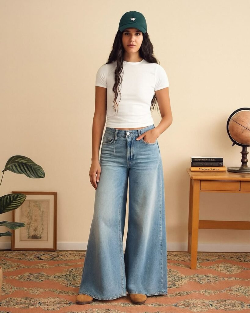 woman wearing white t-shirt and light blue wide leg jeans in minimalist room